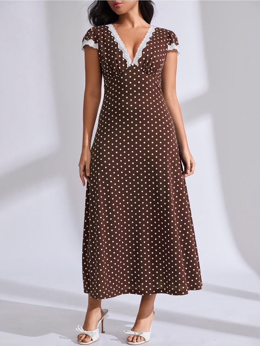 Brown Polka Dot Lace Trim V Neck Dress in Chocolate
